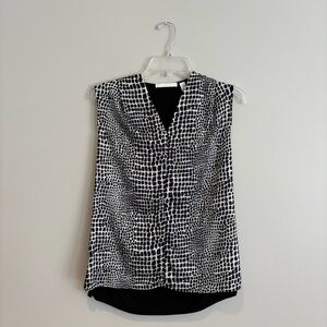 Boss Black and White Graphic Blouse with Mandarin Collar